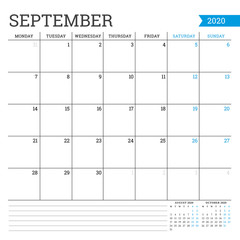 September 2020. Square monthly calendar. Planner template. Minimalist style. Vector illustration. Week starts on Monday