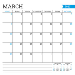 March 2020. Square monthly calendar. Planner template. Minimalist style. Vector illustration. Week starts on Sunday