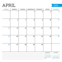April 2020. Square monthly calendar. Planner template. Minimalist style. Vector illustration. Week starts on Sunday