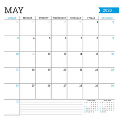 May 2020. Square monthly calendar. Planner template. Minimalist style. Vector illustration. Week starts on Sunday