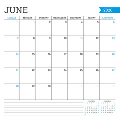 June 2020. Square monthly calendar. Planner template. Minimalist style. Vector illustration. Week starts on Sunday