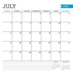 July 2020. Square monthly calendar. Planner template. Minimalist style. Vector illustration. Week starts on Sunday