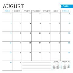 August 2020. Square monthly calendar. Planner template. Minimalist style. Vector illustration. Week starts on Sunday