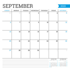 September 2020. Square monthly calendar. Planner template. Minimalist style. Vector illustration. Week starts on Sunday