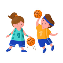 Obraz premium Basketball players with ball - cute cartoon boy and girl isolated on white, people doing sport, guy jumps and throws the ball at goal, two children or kids train in basketball studio - vector concept