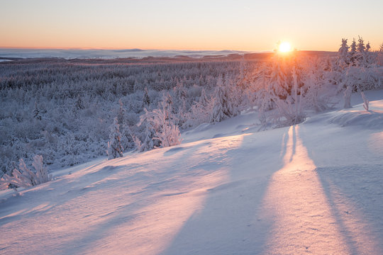 sunrise over a beautiful winter landscape in winter