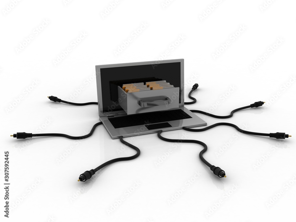 Poster 3d rendering computer folder network connected aux cable