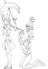 Robots in love in cartoon style on white background. Romantic concept.