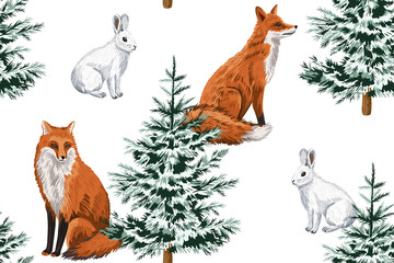 Christmas trees, red fox and white rabbit floral seamless pattern white background. Winter forest wallpaper.