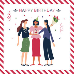 Happy birthday message card. Three girlfriends celebrate a birthday. Flat vector illustration on white background. 