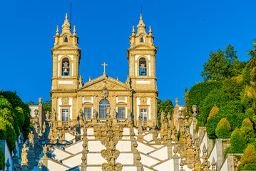 View of the church of Bom Jesus do Monte in Braga famous for sculpture decorated staircase leading...