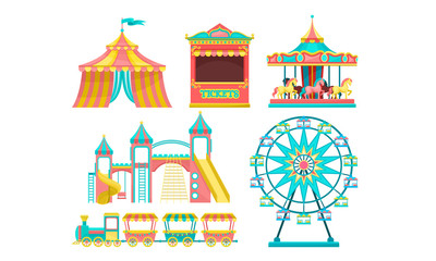 Amusement Park Attractions Set, Carousels,Circus Tent, Ticket Booth, Ferris Wheel Vector Illustration