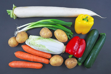 Top view of mix of various raw vegetables like spring onion, potatoes, carrots, bell pepper and zucchini 