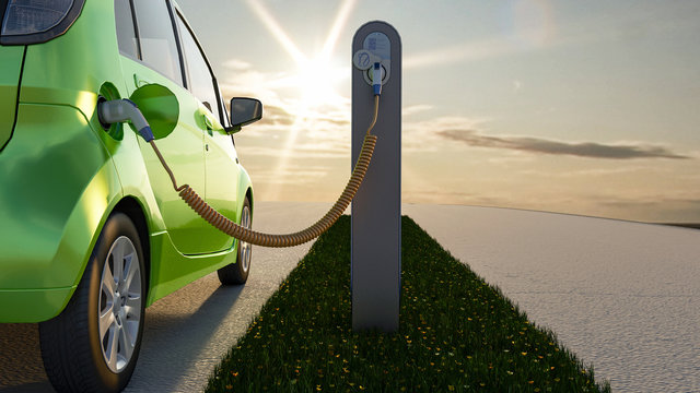 A green electric car is being charged at a charger station. 3D illustration.
