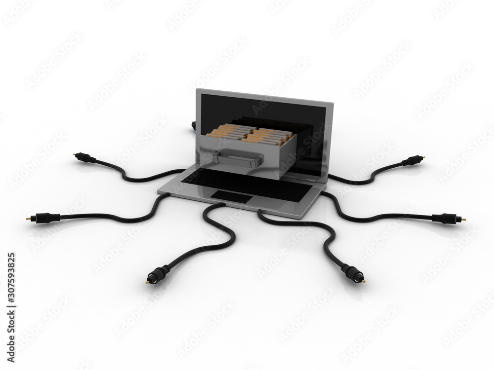 Poster 3d rendering computer folder network connected aux cable