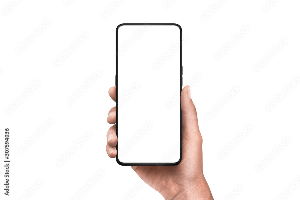 Poster Modern smart phone in hand. Isolated background and screen. Thin edges od smartphone without a camera