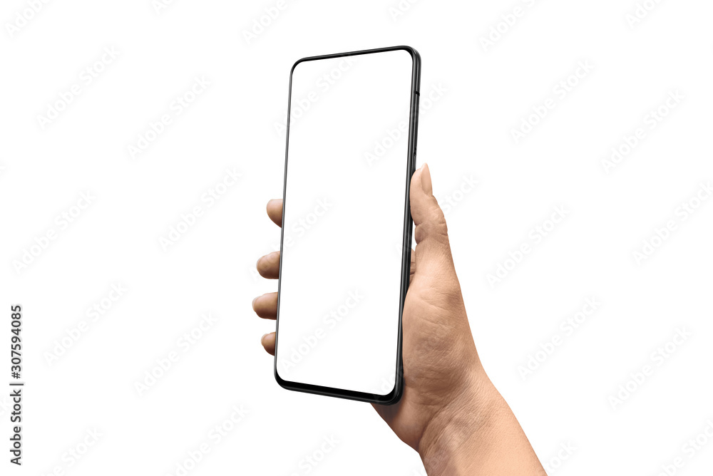 Poster Hand showing modern smartphone without camera. Isolated background and screen for app presentation, mockup. Right side position.