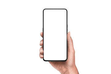 Modern smart phone in hand. Isolated background and screen. Thin edges od smartphone without a...