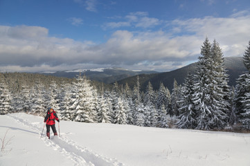 Fototapeta na wymiar Trekking in snowy mountains
