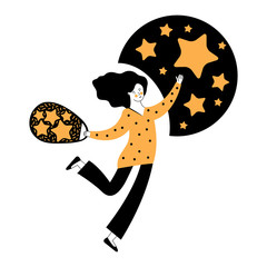 Woman collects stars from the sky. Catch the luck star. Cartoon illustration of a woman reaching for the stars looking for success or catching dreams. Business concept feedback from customers.