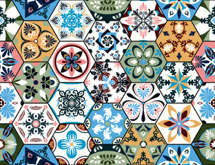 Vector seamless texture. Beautiful mega patchwork pattern for design and fashion with decorative elements in hexagon. Portuguese tiles, Azulejo, Moroccan ornaments - obrazy, fototapety, plakaty