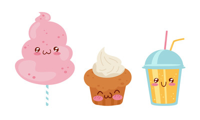 Cute Food in Kawaii Style Set, Delicious Dishes with Smiling Faces, Cotton Candy, Muffin, Juice Vector Illustration