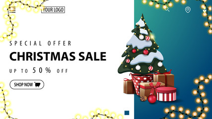 Special offer, Christmas sale, up to 50% off, white and blue discount banner for website with garland, button and Christmas tree in a pot with gifts