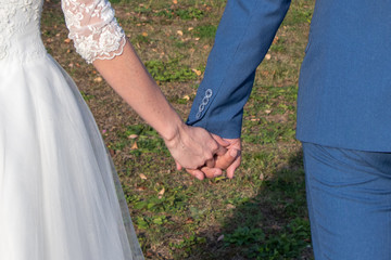 Bride and groom are walking on the lawn holding hands.