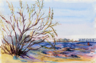 Watercolor illustration tree and sky.