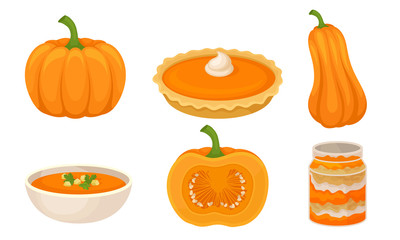 Tasty Pumpkin Dishes Collection, Jam Jar, Pie, Soup, Traditional Thanksgiving Food Vector Illustration