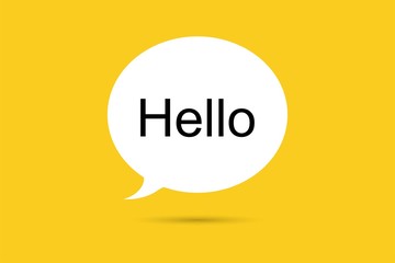 Hi, Hello. Banner, speech bubble, poster and sticker concept with text Hello. White bubble message hi, hello or hi there on bright yellow background for banner, poster. Vector Illustration © Vitechek