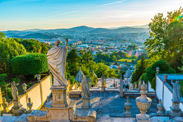 View of the church of Bom Jesus do Monte in Braga famous for sculpture decorated staircase leading...