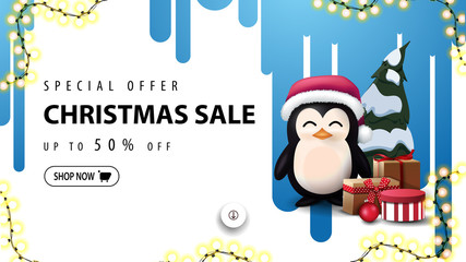 Special offer, Christmas sale, up to 50% off, white discount banner with blue streaks of paint on the white wall and penguin in Santa Claus hat with presents