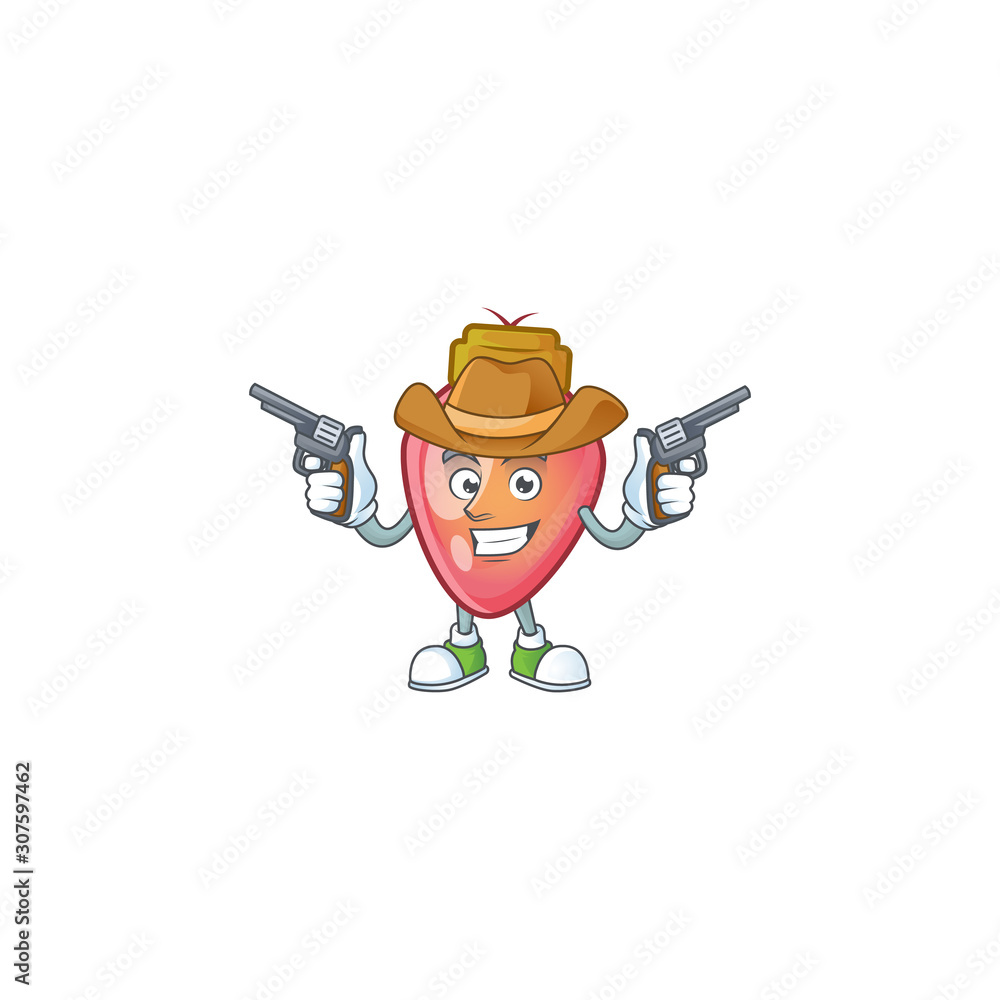 Poster Red christmas bulb cartoon character as a Cowboy holding guns