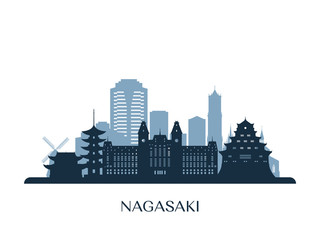 Naklejka premium Nagasaki skyline, monochrome silhouette. Vector illustration.