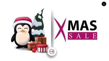 Christmas sale, white discount banner in minimalistic style for website with penguin in Santa Claus hat with presents