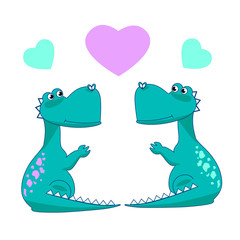 Illustration of cute cartoon dinosaur. Vector print Dino and heart. Valentines card. 