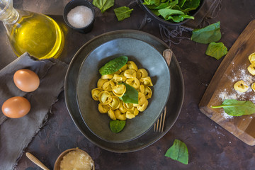 Plate of tortellinis with ricotta and spinach.