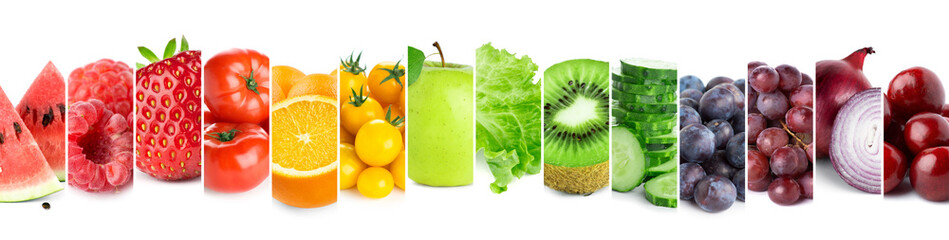Collage de fruits, légumes et baies. Nourriture fraîche. Mode de vie sain