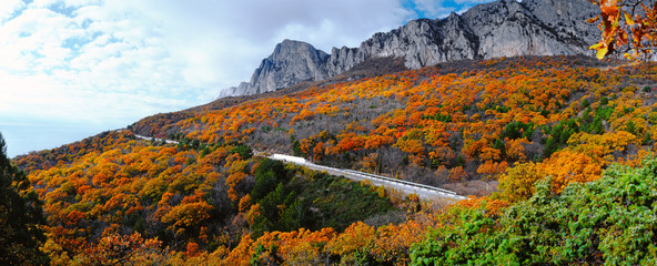 Beautiful autumn landscape with a road and mountains