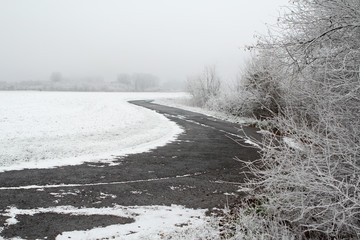 snowfall and snow-covered roadway of a country road, the concept of public utilities, seasonal changes in nature, snowfall, weather, climate