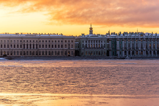 flaming dawn over the Palace embankment with The old and New Hermitage