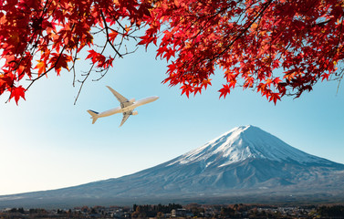 View of Fuji-san the highest mountain in Japan with airplane, view from Lake Kawaguchiko at Japan, Autumn leaves seasonal. - 307599439