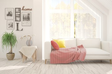 Stylish room in white color with sofa. Scandinavian interior design. 3D illustration