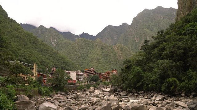 PERU: Aguas Calientes (Machu Picchu City) with the river Urubamba in the Andes with rain forest