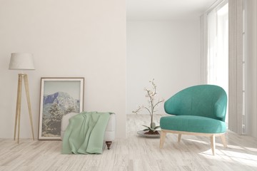 Stylish room in white color with armchair. Scandinavian interior design. 3D illustration