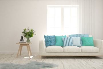 Stylish room in white color with sofa. Scandinavian interior design. 3D illustration