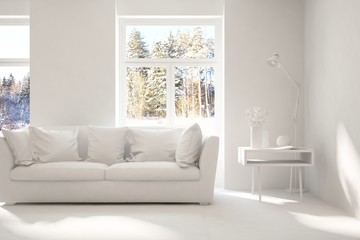 Mock up of stylish room in white color with sofa and winter landscape in window. Scandinavian interior design. 3D illustration