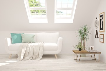 Stylish room in white color with sofa. Scandinavian interior design. 3D illustration