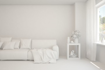 Mock up of stylish room in white color with sofa. Scandinavian interior design. 3D illustration